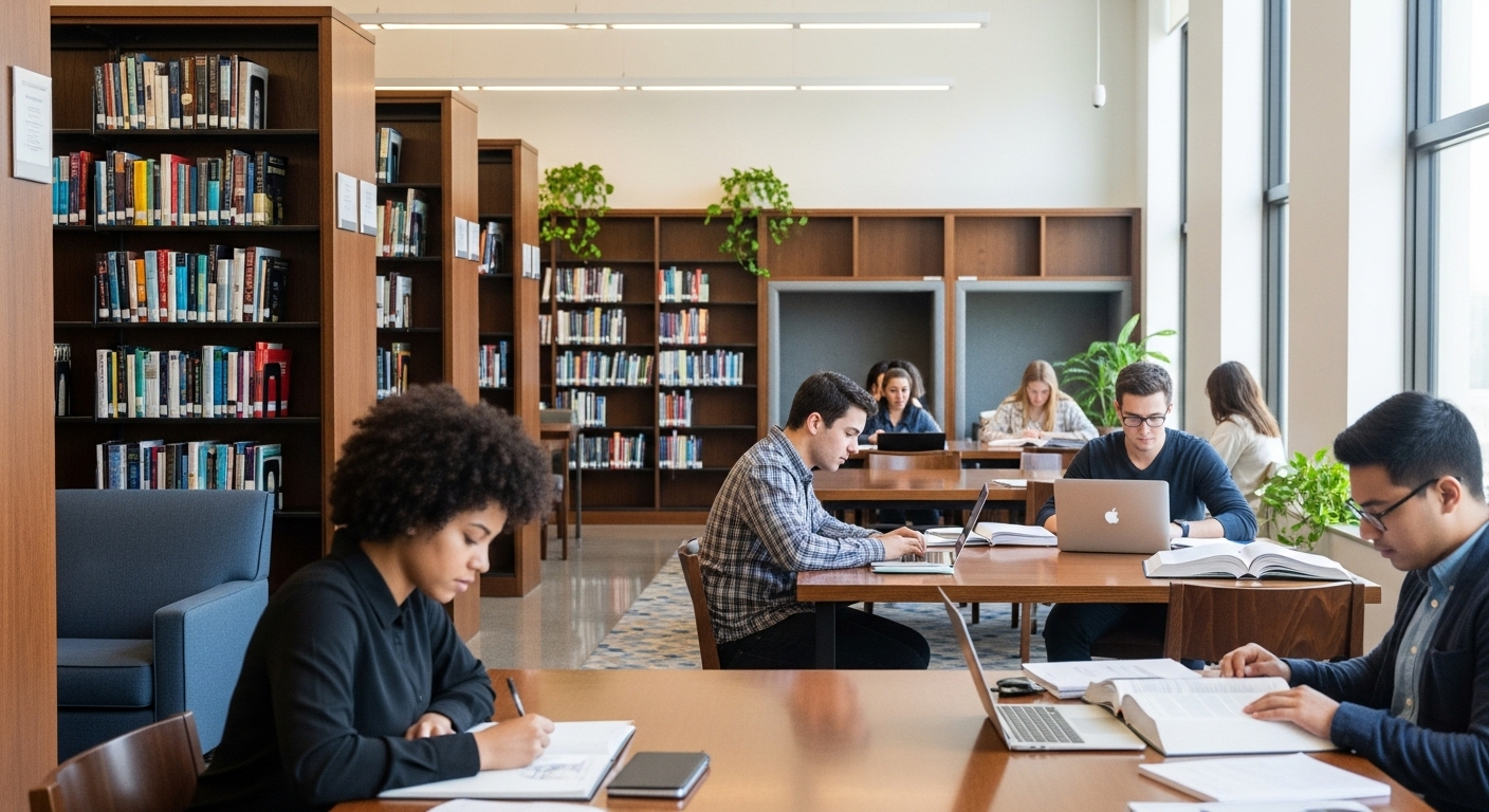 Thư viện đại học hiện đại, sáng sủa với sinh viên đang tập trung học tập; môi trường lý tưởng góp phần vào thành công của các trường dẫn đầu bảng xếp hạng các trường đại học ở Hà Nội.