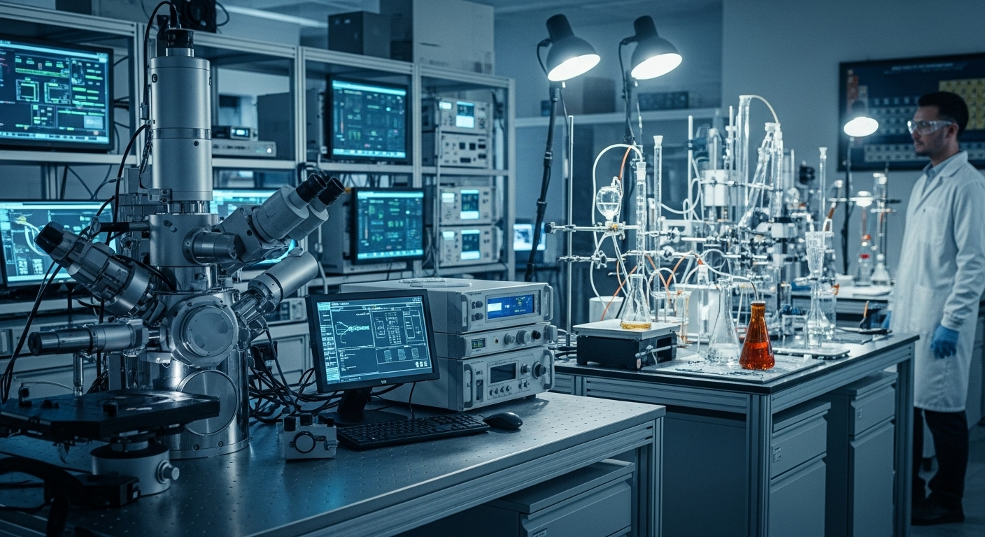 Phòng thí nghiệm đại học hiện đại với thiết bị tiên tiến và nhà nghiên cứu đang làm việc, hình ảnh thường thấy tại các trường đại học tốt nhất thế giới.