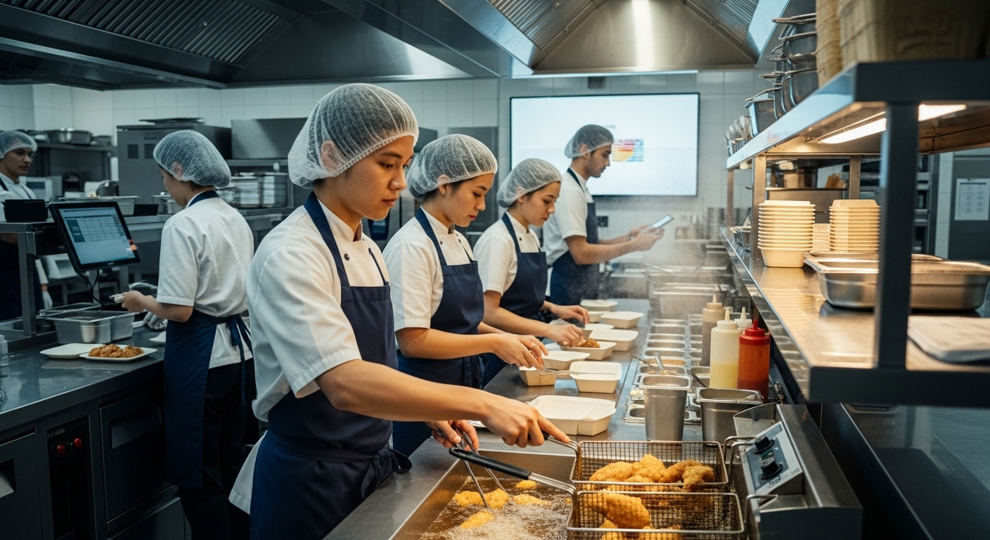 Bếp ăn nhanh Jollibee sạch sẽ, chuyên nghiệp với đội ngũ nhân viên đồng phục đang chiên gà, lắp ráp và quản lý đơn hàng hiệu quả – minh họa môi trường làm việc cho các vị trí tuyển dụng Jollibee.
