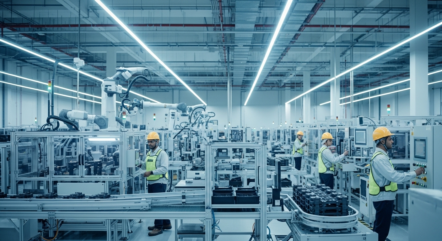 Toàn cảnh nhà máy sản xuất công nghệ cao, siêu sạch với máy móc tự động vận hành dưới ánh đèn LED. Một minh chứng về hiệu quả và sự hiện đại của tập đoàn lớn nhất Việt Nam, có công nhân đang giám sát quy trình.