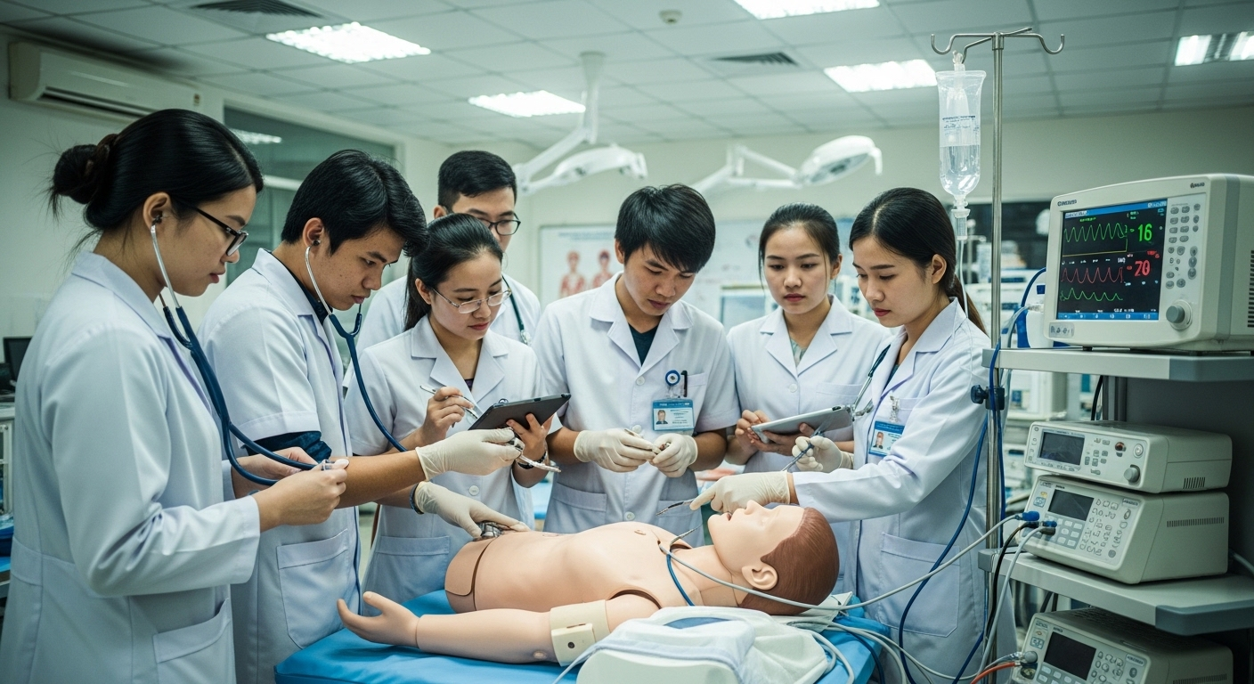 Sinh viên y khoa Trường Đại học Y Hà Nội tỉ mỉ thực hành quy trình trên mô hình mô phỏng y tế hiện đại, trong môi trường đào tạo công nghệ cao.