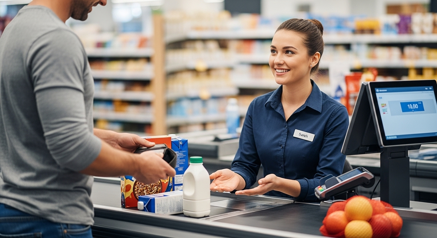 Nhân viên thu ngân thân thiện tại quầy thanh toán siêu thị Coopmart hiện đại, phục vụ khách hàng tận tình. Hình ảnh minh họa môi trường làm việc chuyên nghiệp khi Coopmart tuyển dụng.