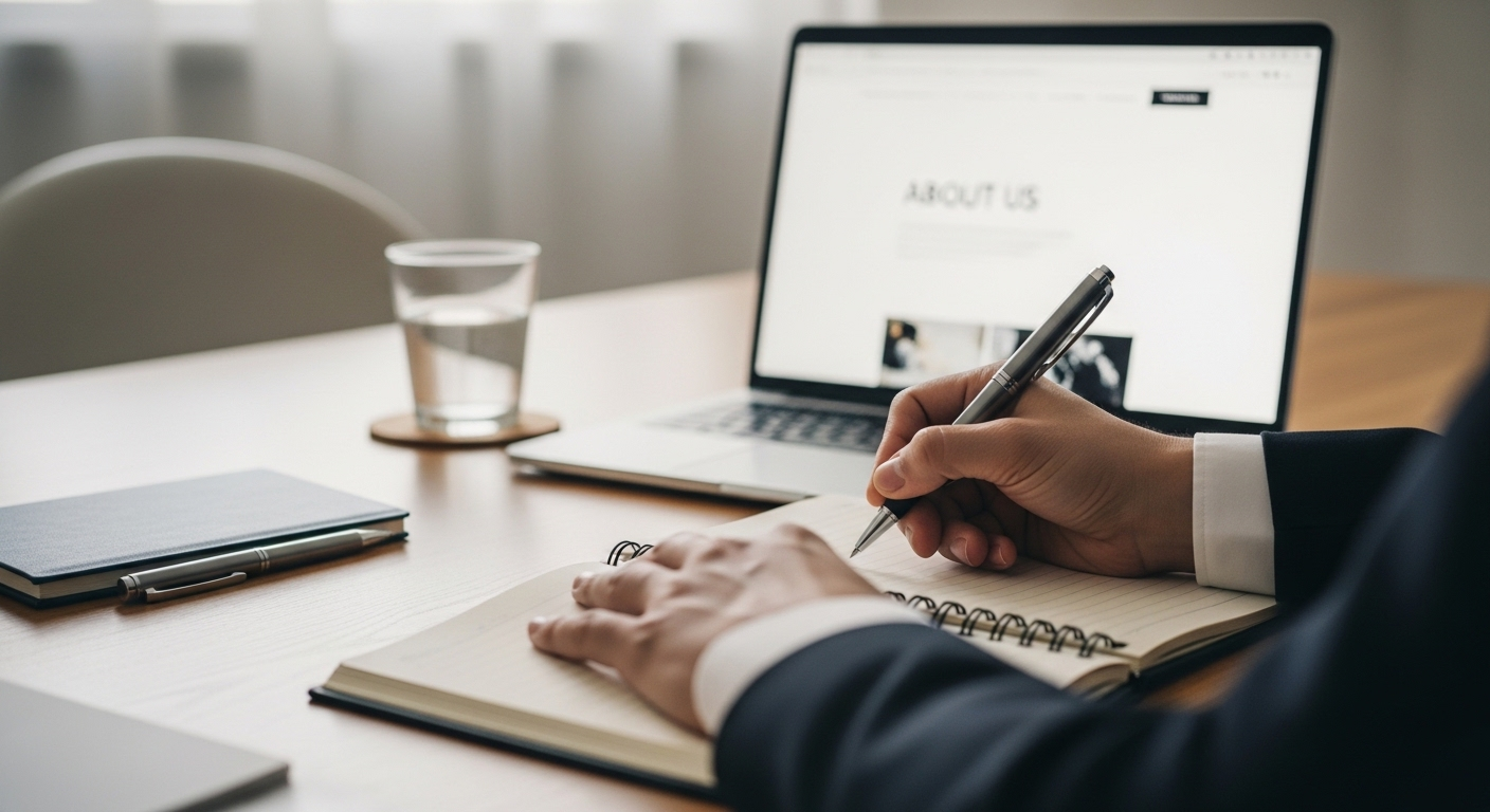 Tay đang ghi chú tỉ mỉ vào sổ, bên cạnh laptop hiển thị trang giới thiệu công ty, chuẩn bị thông tin để tự tin trả lời câu hỏi phỏng vấn xin việc.