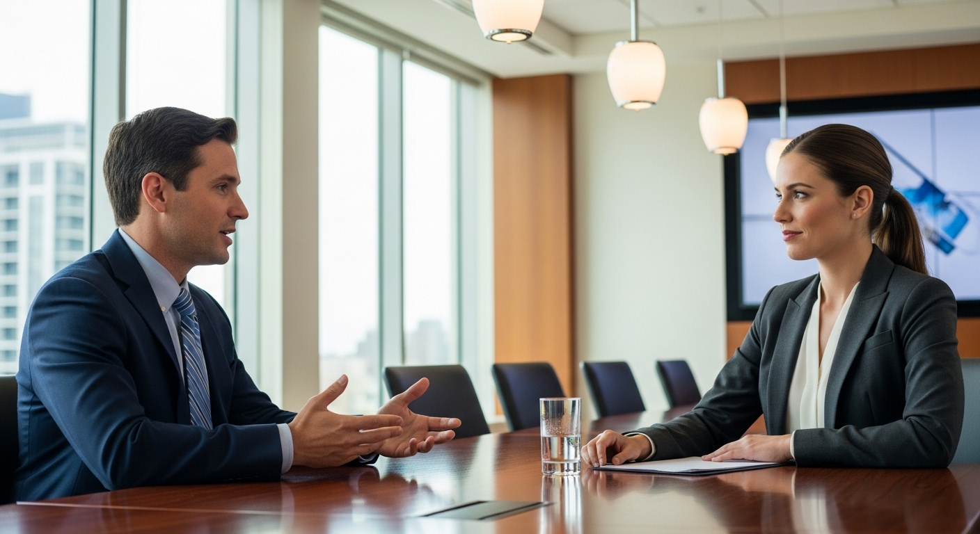 Hai người chuyên nghiệp tập phỏng vấn tiếng Anh trong phòng họp hiện đại, một người đang nói và người kia lắng nghe.