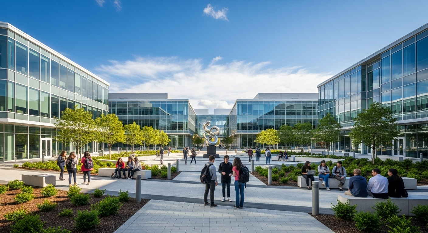 Quảng trường khuôn viên đại học Việt Nam hiện đại với kiến trúc kính, hạ tầng tiên tiến, thể hiện các tiêu chí trong xếp hạng đại học Việt Nam.