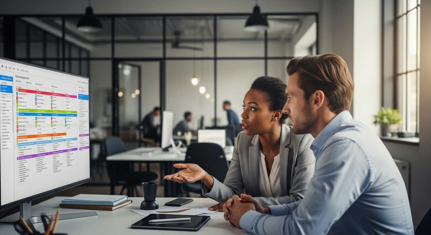 Hai chuyên gia trao đổi tập trung tại bàn làm việc hiện đại, xem tiến độ dự án trên màn hình để định hình mục tiêu nghề nghiệp nhân sự.