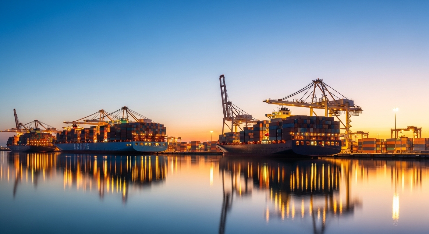 Cảng container hiện đại lúc bình minh, trung tâm sôi động của ngành xuất nhập khẩu toàn cầu, truyền cảm hứng cho những ai muốn viết mục tiêu nghề nghiệp ngành xuất nhập khẩu.