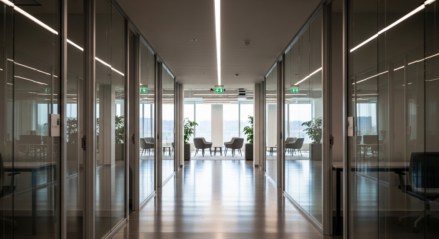 Hành lang văn phòng hiện đại, sáng sủa dẫn đến không gian làm việc chung, gợi mở về con đường sự nghiệp và mục tiêu nghề nghiệp cho thực tập sinh trong môi trường chuyên nghiệp.