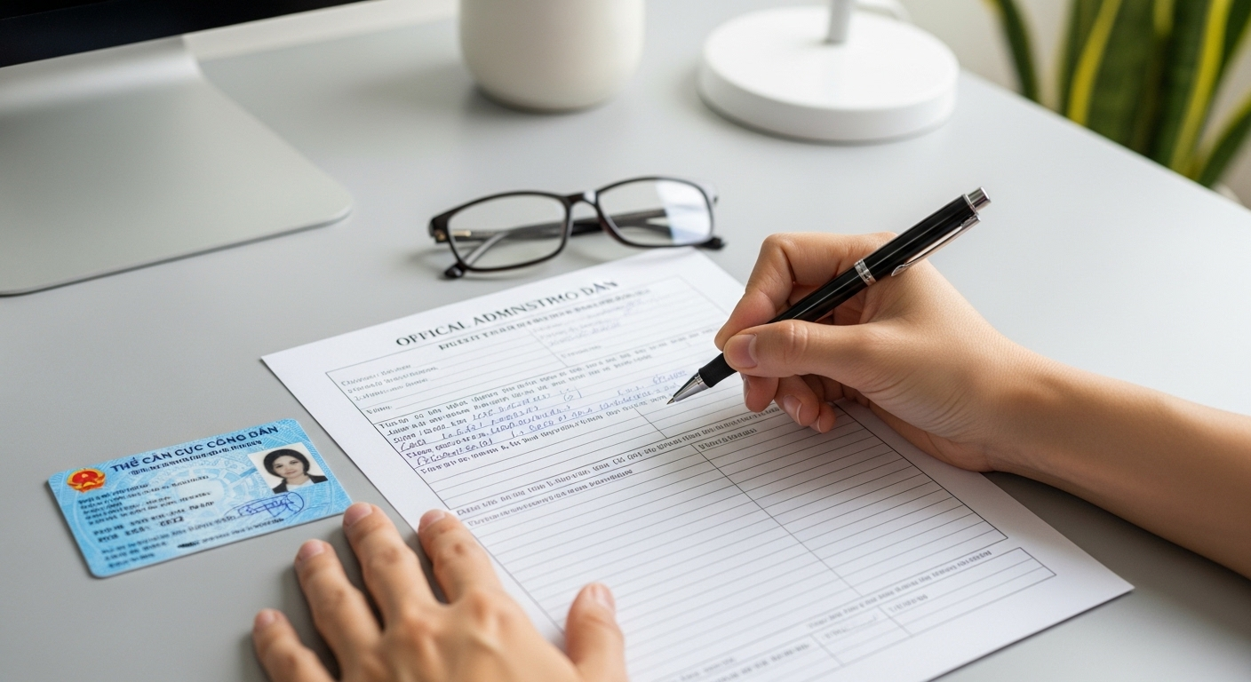 Tay đang điền biểu mẫu hành chính, bên cạnh là thẻ Căn cước công dân trên bàn làm tham chiếu, giấy tờ được cấp bởi nơi cấp căn cước công dân.
