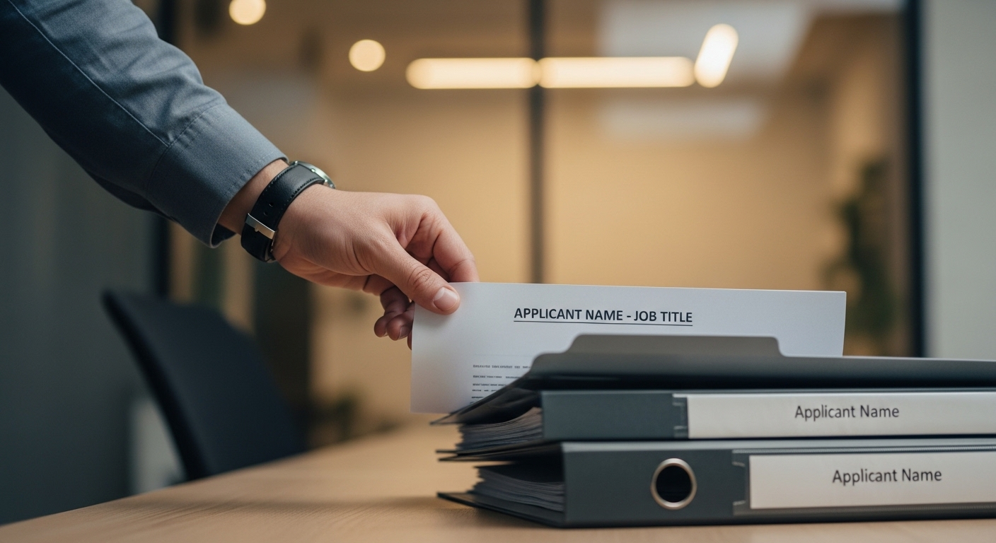 Bàn tay đặt một CV xin việc với tiêu đề rõ ràng ('Tên Ứng Viên - Chức Danh') vào thư mục, minh họa cách đặt tiêu đề CV xin việc chuyên nghiệp.
