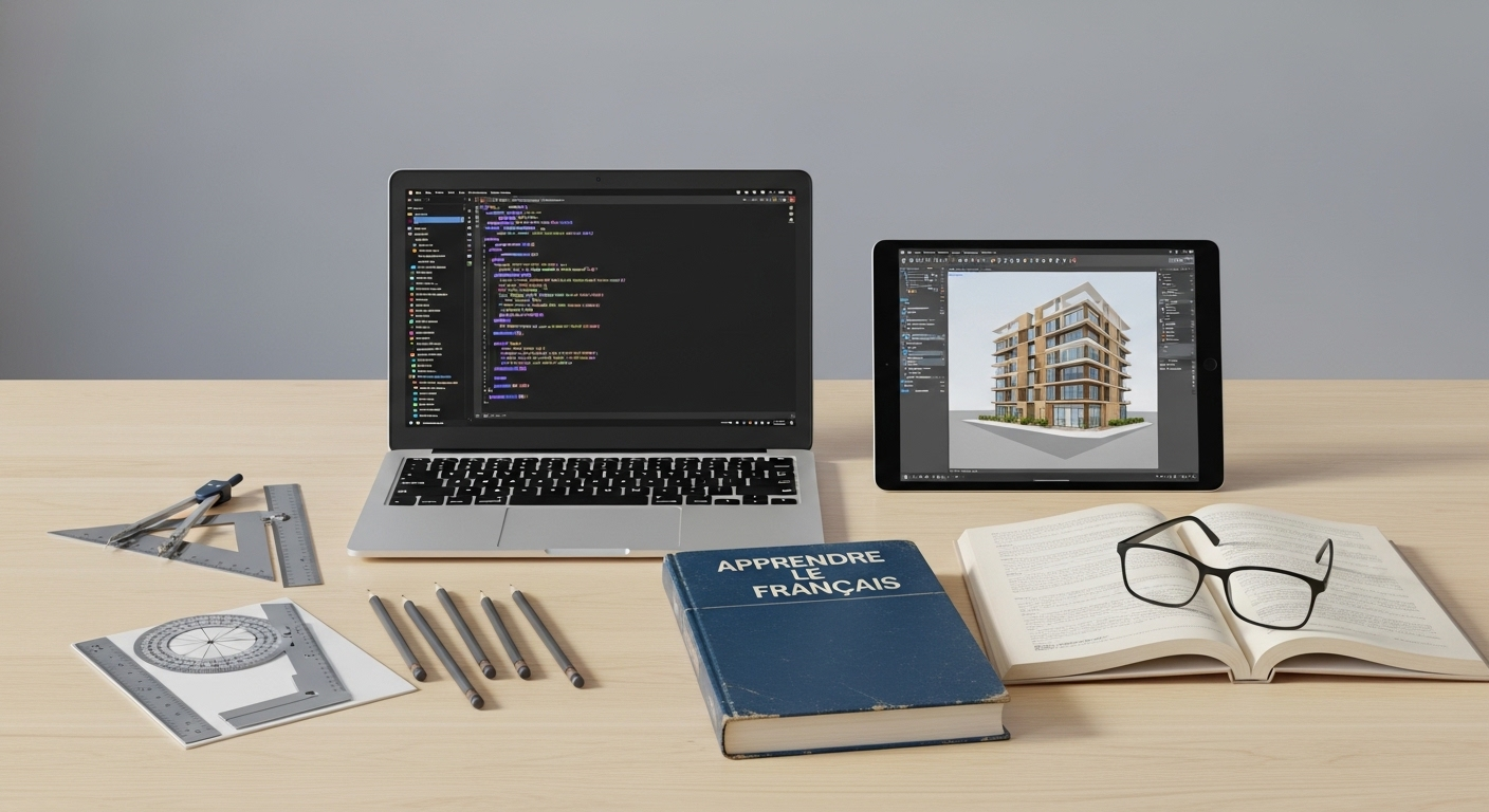 Hình ảnh tượng trưng cho các kỹ năng trong CV chuyên nghiệp, bao gồm laptop hiển thị code, tablet với giao diện phần mềm, sách ngoại ngữ và bộ dụng cụ vẽ kỹ thuật được sắp xếp gọn gàng trên bàn làm việc.