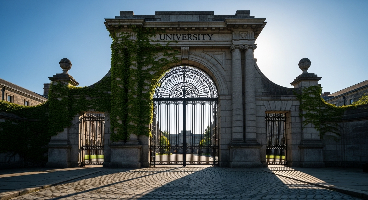 Cổng trường đại học tráng lệ bằng đá và sắt phủ dây thường xuân xanh mướt, mở ra lối vào khuôn viên đầy nắng. Biểu tượng cho cơ hội học tập mới và Quy chế tuyển sinh đại học 2026 sắp tới.