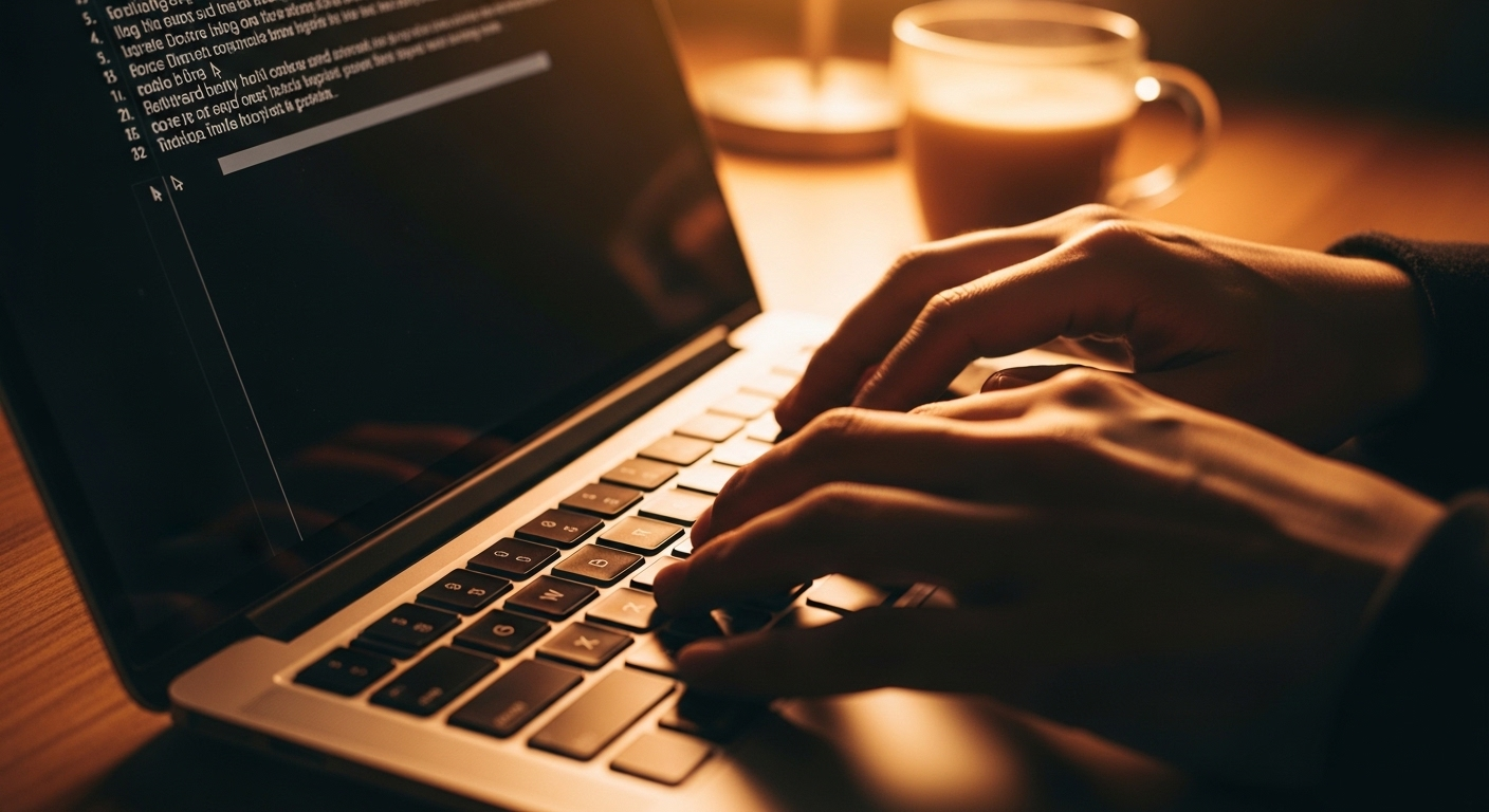 Bàn tay đang gõ phím laptop, màn hình hiển thị nội dung đang được chỉnh sửa, minh họa sự tập trung cần thiết để học cách viết CV Content Marketing hiệu quả.