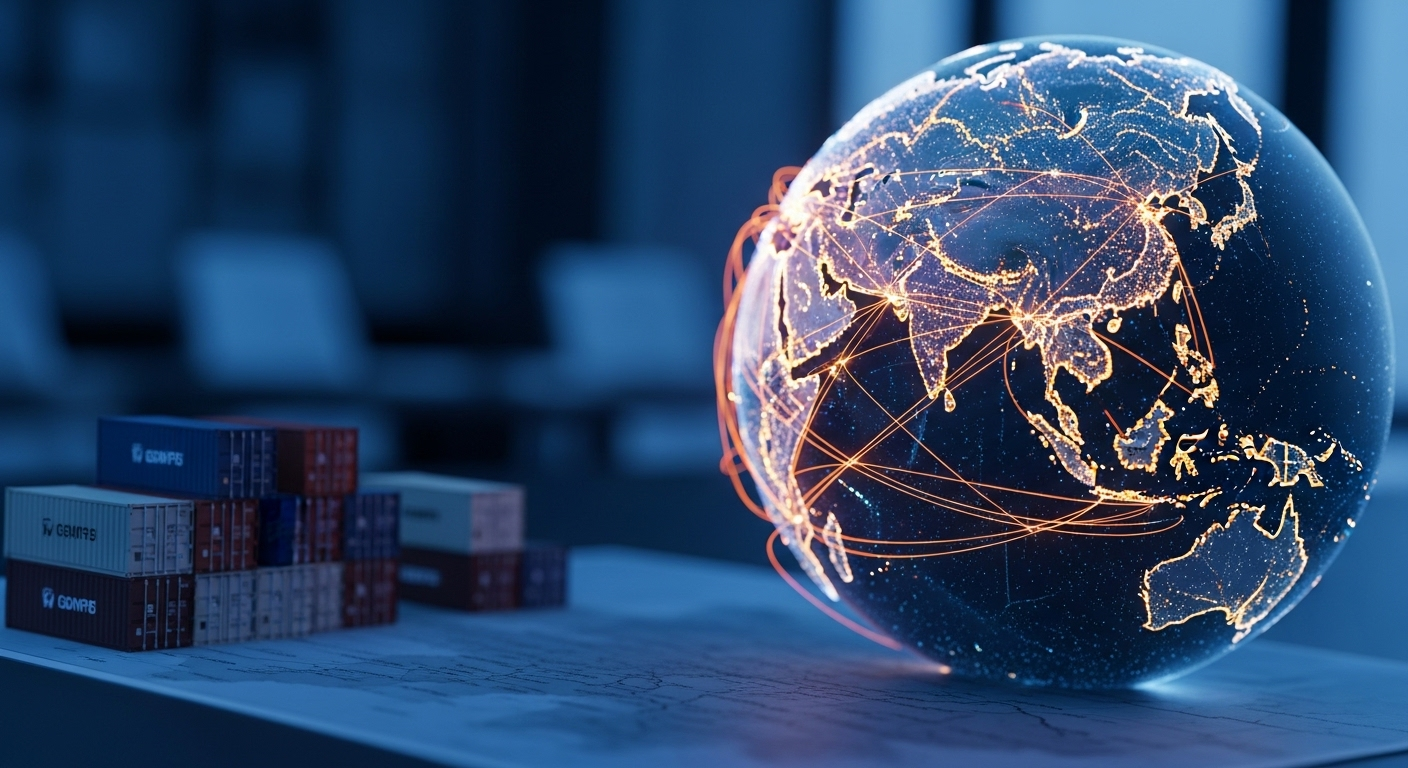 Quả địa cầu 3D phát sáng thể hiện các tuyến thương mại toàn cầu, đặc biệt là kết nối từ Đông Á, cùng container vận chuyển. Bức ảnh minh họa cơ hội trong ngành logistics và kinh doanh quốc tế, bao gồm việc làm cho người biết tiếng Trung nhưng không có bằng đại học.