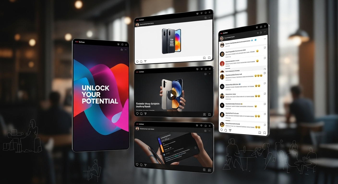 Ảnh ghép các màn hình kỹ thuật số động hiển thị ví dụ Sales Pitch trên mạng xã hội với video sản phẩm, đồ họa bắt mắt và bình luận trực tiếp. Minh họa rõ nét Sales Pitch là gì trong thực tế.