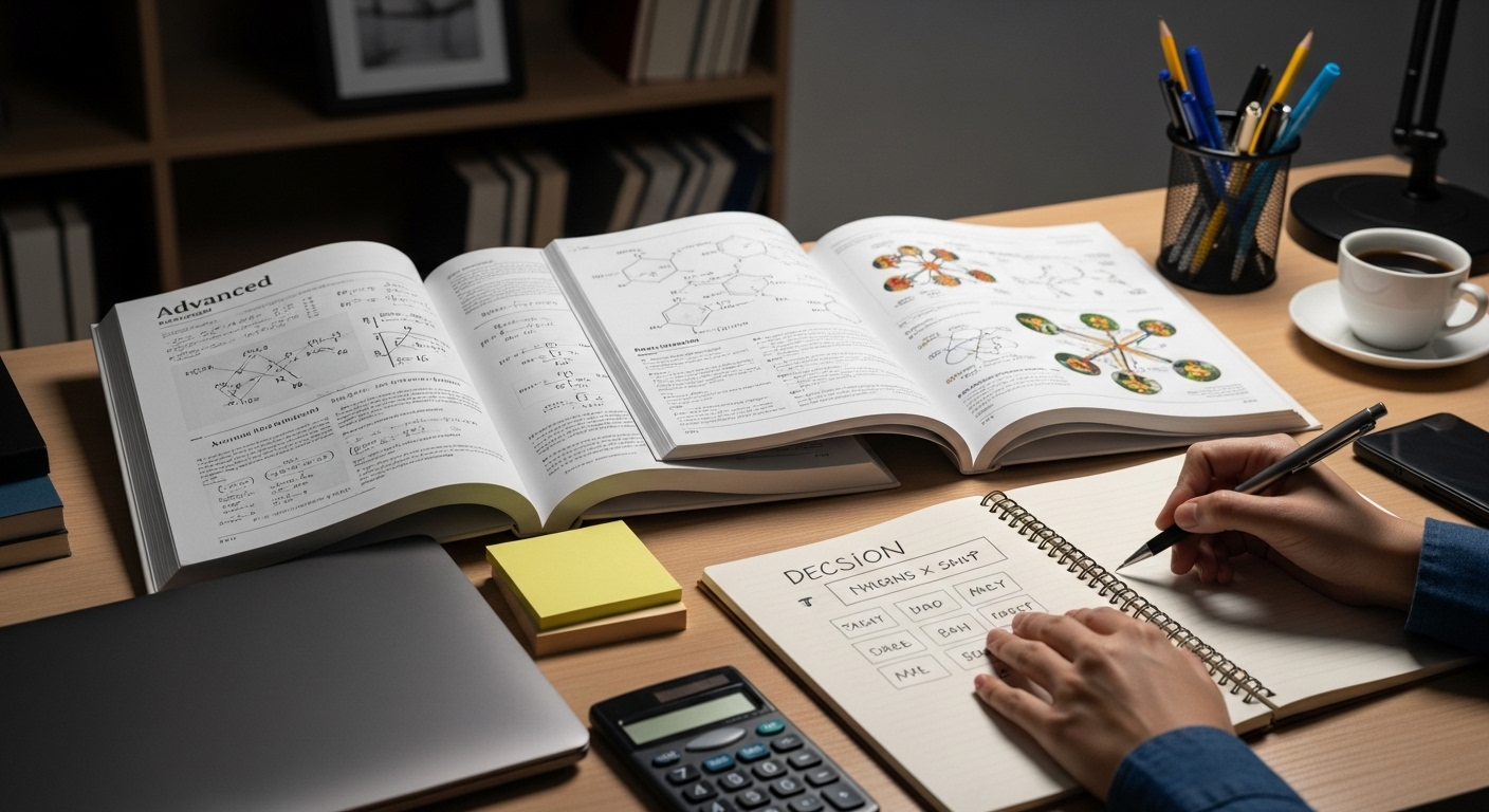 Bàn học ngăn nắp với sách Toán, Hóa, Sinh mở. Tay học sinh đang cân nhắc lựa chọn trên sổ, chuẩn bị cho các khối thi đại học.