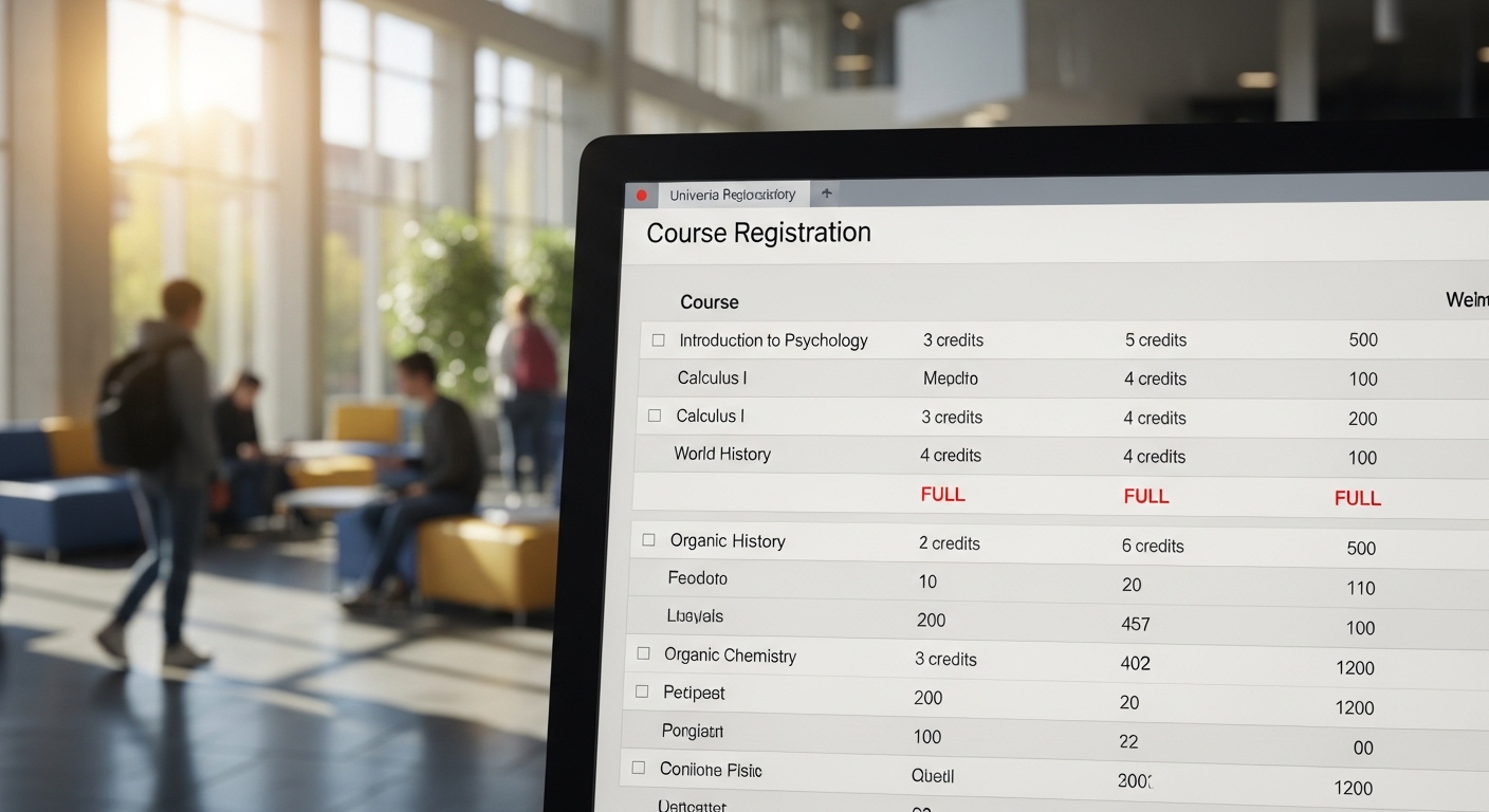 Màn hình máy tính cận cảnh hiển thị cổng đăng ký môn học trực tuyến, với tên môn học, số tín chỉ và chỗ trống. Bối cảnh sảnh đại học hiện đại, minh họa rõ ràng về tín chỉ là gì trong hệ thống giáo dục đại học.