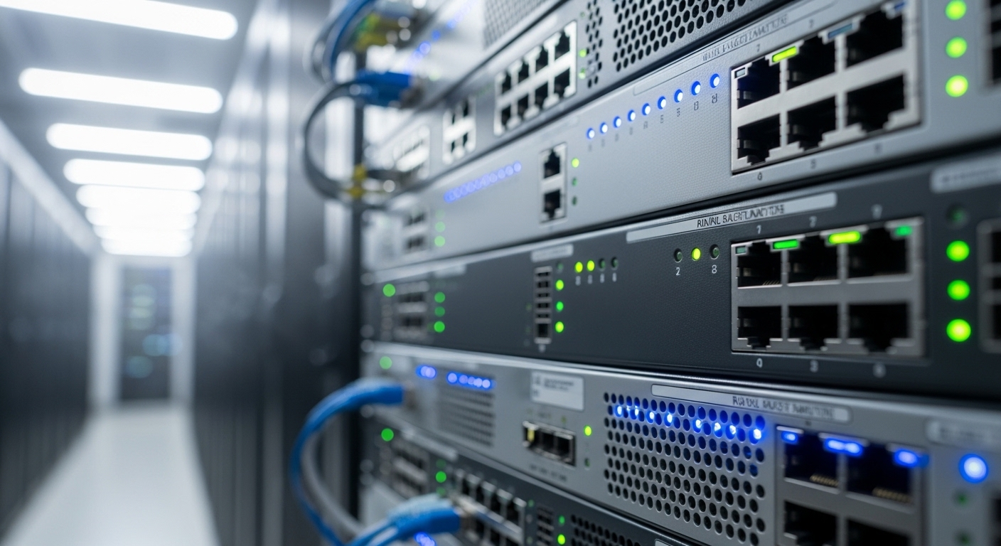 Cận cảnh router và switch mạng hiện đại, với đèn báo xanh/lam, trong trung tâm dữ liệu gọn gàng. Hình ảnh này minh họa hạ tầng quan trọng mà kiến thức về CCNA là gì sẽ giúp bạn hiểu rõ và quản lý hiệu quả.