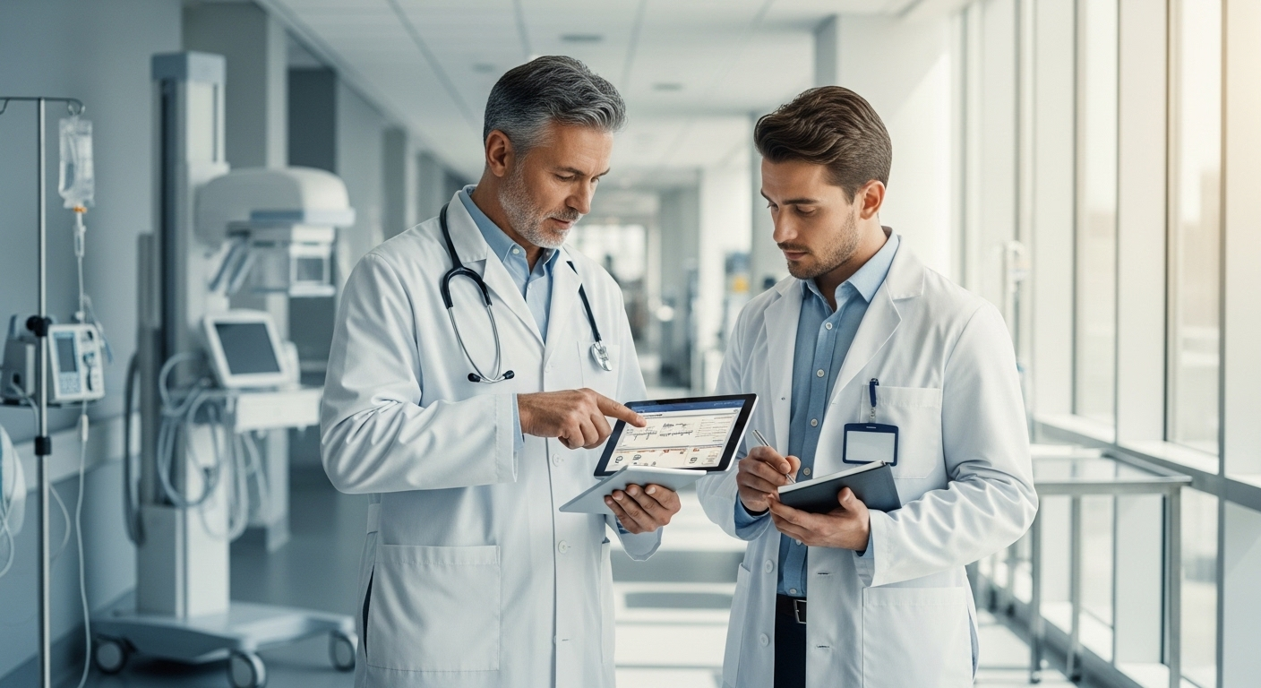 Hai bác sĩ áo trắng, một người kinh nghiệm và một người trẻ hơn, đang xem máy tính bảng thảo luận dữ liệu y tế tại hành lang bệnh viện hiện đại. Hình ảnh minh họa công việc của bác sĩ, đặc biệt hữu ích cho những ai muốn tìm hiểu bác sĩ nội trú là gì.