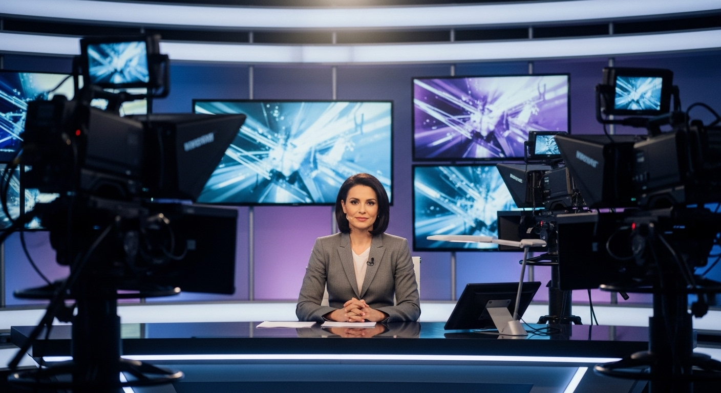 Nữ host truyền hình chuyên nghiệp ngồi trong studio hiện đại, minh họa rõ nét về Host là nghề gì với vẻ tự tin trước nhiều camera.