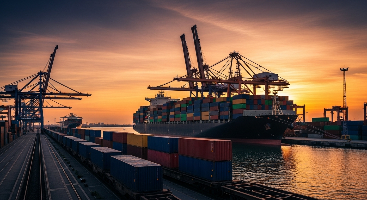 Cảng quốc tế sầm uất lúc hoàng hôn, với tàu container lớn và tàu hỏa chở hàng đầy ắp. Hình ảnh này minh họa rõ nét hậu cần là gì trong chuỗi cung ứng toàn cầu.