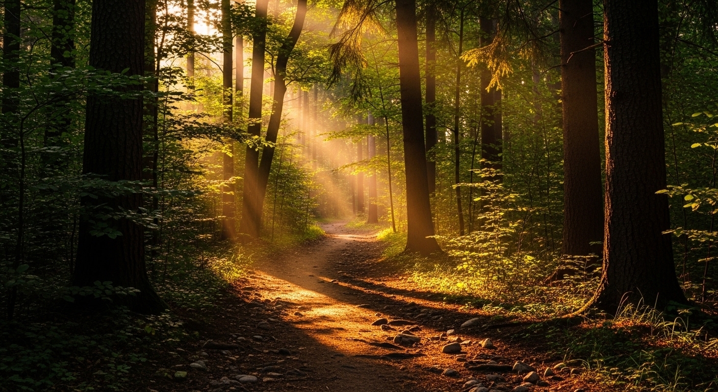 Con đường đất uốn lượn giữa rừng cây rậm rạp, ánh nắng vàng xuyên tán lá tạo những đốm sáng lung linh trên nền đất nâu và thảm thực vật xanh mướt. Khung cảnh thiên nhiên mộc mạc, vững chãi này gợi nhắc về sự kiên định của Cung Đất gồm cung nào.