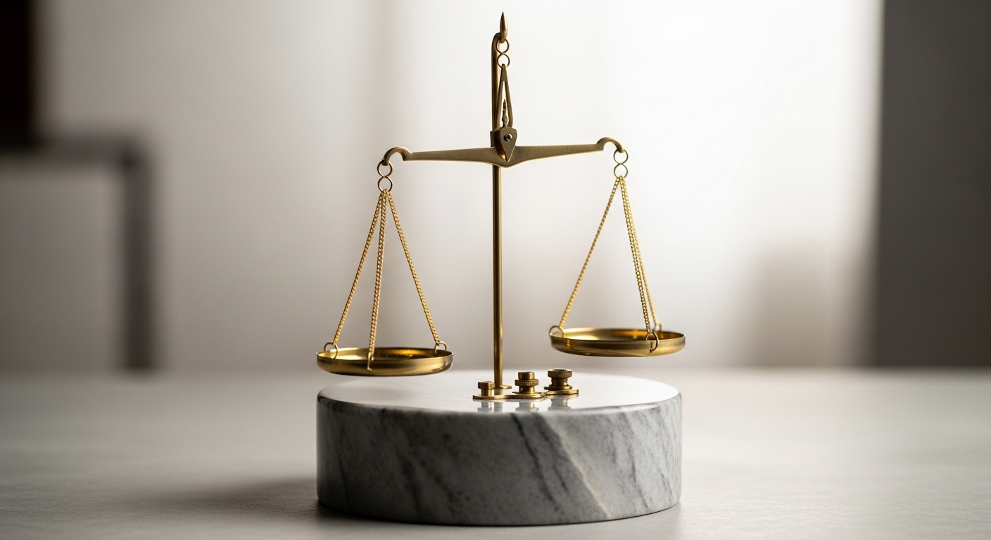 Cân đồng thau cổ điển, cân bằng hoàn hảo, tinh xảo trên bệ đá cẩm thạch xám. Hình ảnh gợi nhắc về sự công bằng và trí tuệ, liên tưởng đến các yếu tố cân bằng trong chiêm tinh như cung Khí gồm cung nào.