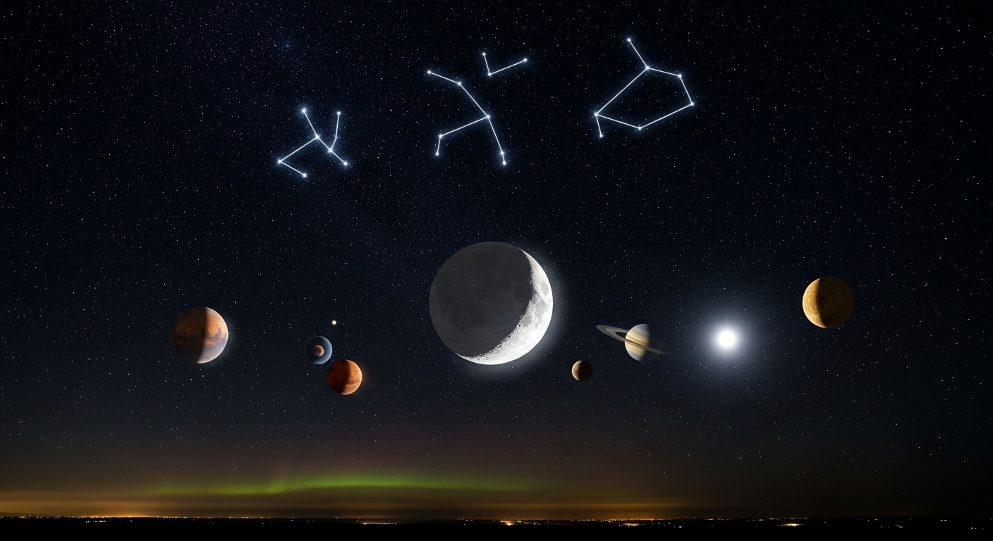 3.  Cảnh đêm yên tĩnh mô tả bản đồ sao ấn tượng, bao gồm Mặt Trăng, các hành tinh và chòm sao lấp lánh.