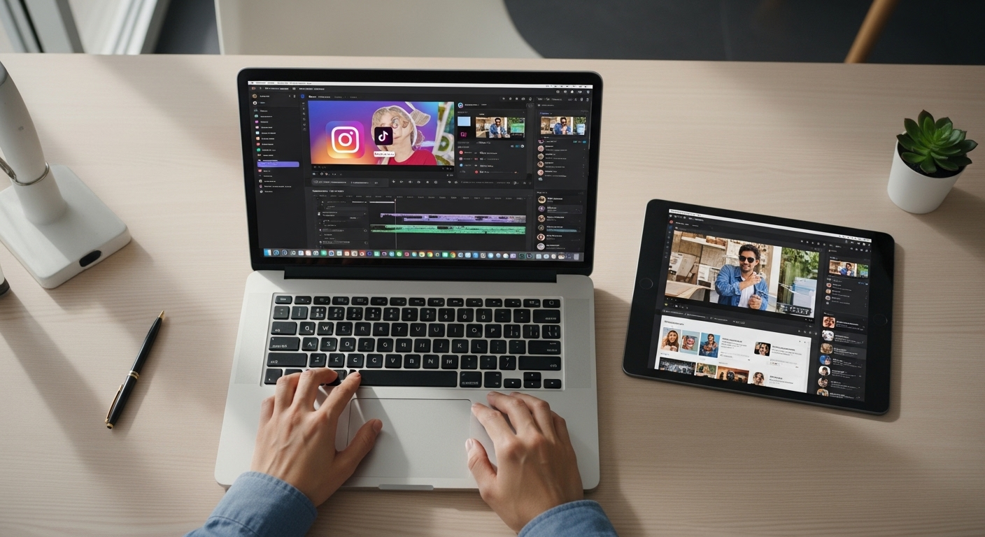 Bàn làm việc gọn gàng với laptop và tablet hiển thị giao diện mạng xã hội, công cụ sáng tạo nội dung. Đôi bàn tay đang gõ phím, minh họa không gian làm việc của nghề quản lý KOL.