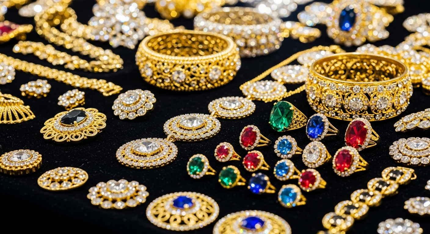 Phụ kiện mạ vàng bóng và trang sức giả lấp lánh, sắp xếp tinh xảo trên vải nhung đen sang trọng. Bối cảnh lộng lẫy này minh họa tầm quan trọng của việc trưng bày chuyên nghiệp, cho thấy rõ chức năng của một phông bạt hiệu quả. Vậy, phông bạt là gì nếu không phải là yếu tố then chốt tạo nên sự sang trọng và thu hút?