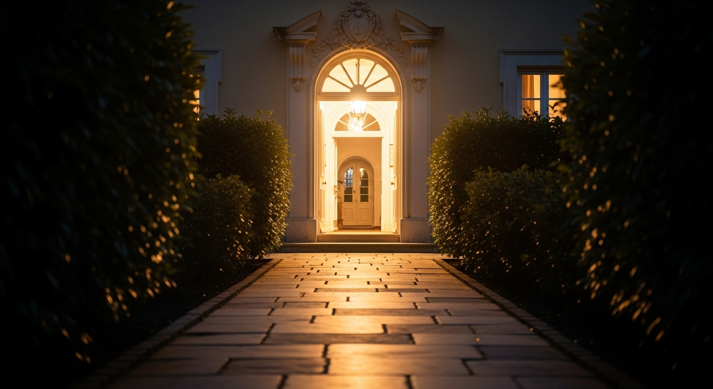 Cánh cửa mời gọi, rực rỡ ánh sáng ấm áp, mở ra một không gian hứa hẹn. Con đường êm đềm dẫn lối, tượng trưng cho những lựa chọn sáng suốt giúp ta hiểu biết điều là gì để đón nhận khởi đầu mới.