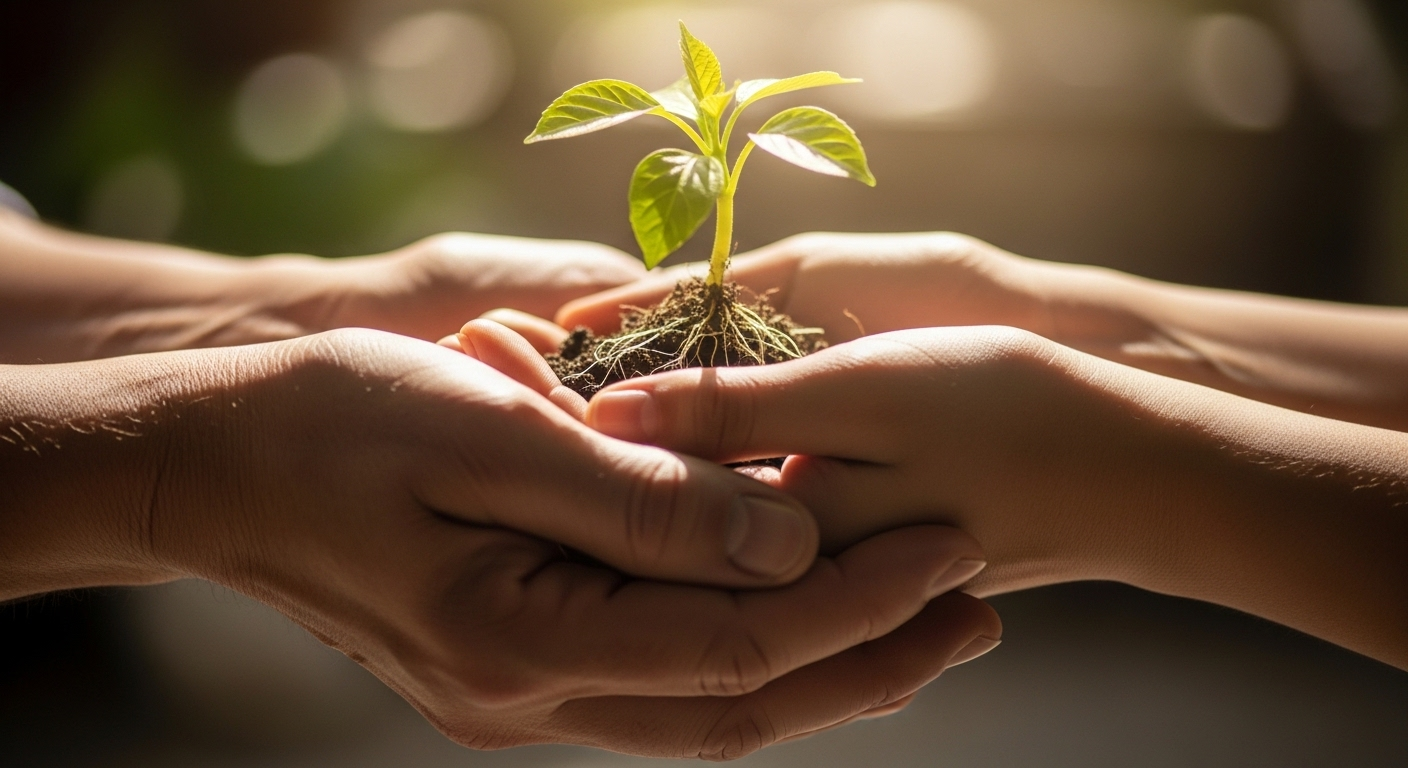 Hai bàn tay, một già một trẻ, cùng nâng niu mầm cây xanh tươi dưới ánh sáng ấm áp, tượng trưng cho sự dìu dắt, phát triển bền vững và cách giải quyết vấn đề với cấp dưới qua mối quan hệ hỗ trợ.