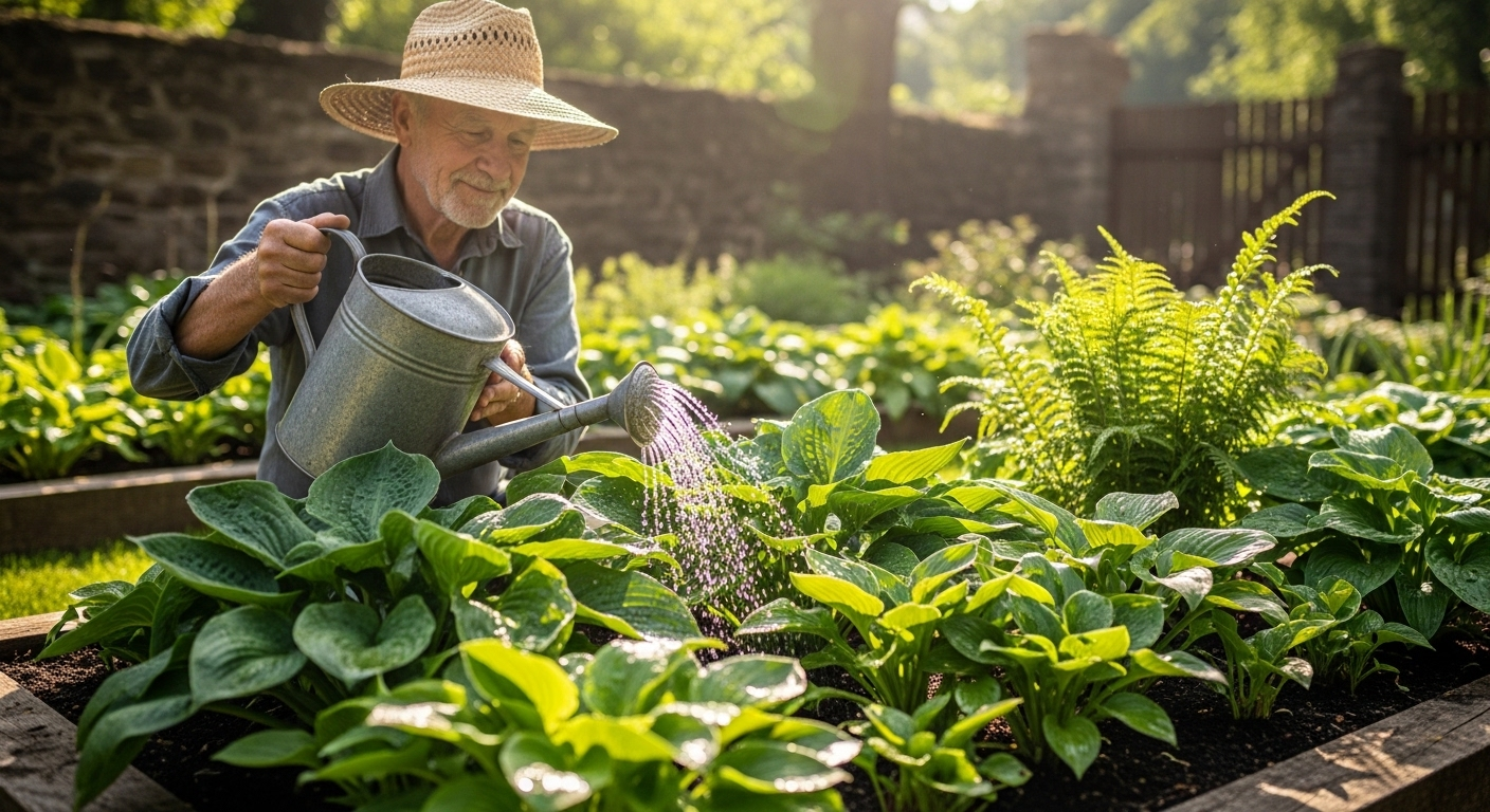 Một người lớn tuổi đội mũ chống nắng, cẩn thận tưới cây xanh tươi trong vườn dưới ánh nắng chiều, thể hiện công việc làm vườn ý nghĩa, một gợi ý về việc làm cho người lớn tuổi.