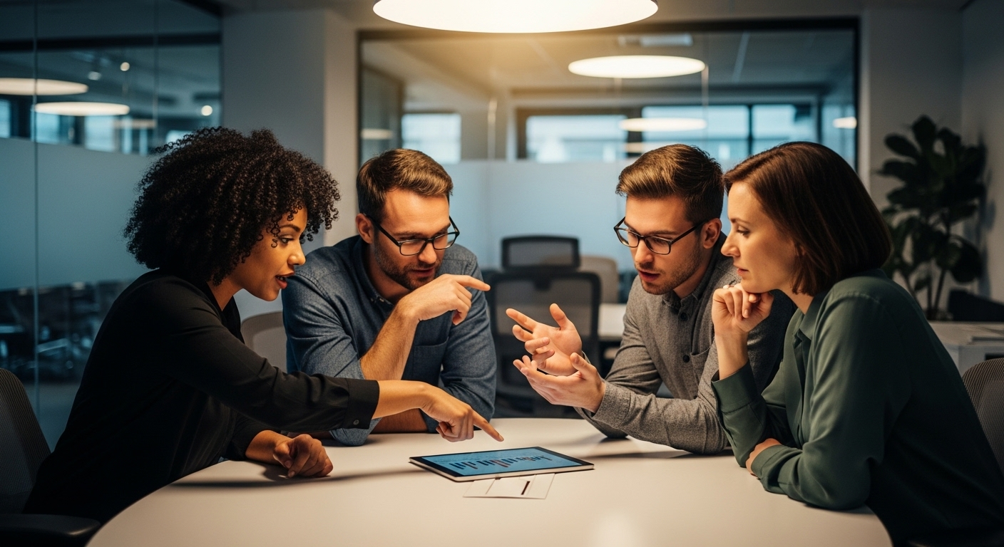 Trong văn phòng hiện đại, nhóm đồng nghiệp say sưa thảo luận quanh bàn tròn, tạo nên một môi trường làm việc lý tưởng.