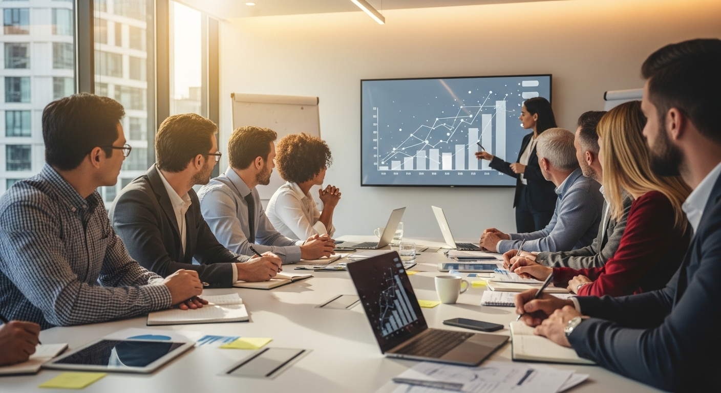 Buổi đào tạo chuyên sâu cho nhóm chuyên gia đa dạng, với biểu đồ tăng trưởng trên màn hình, minh họa việc đầu tư vào đãi ngộ nhân sự để phát triển năng lực.