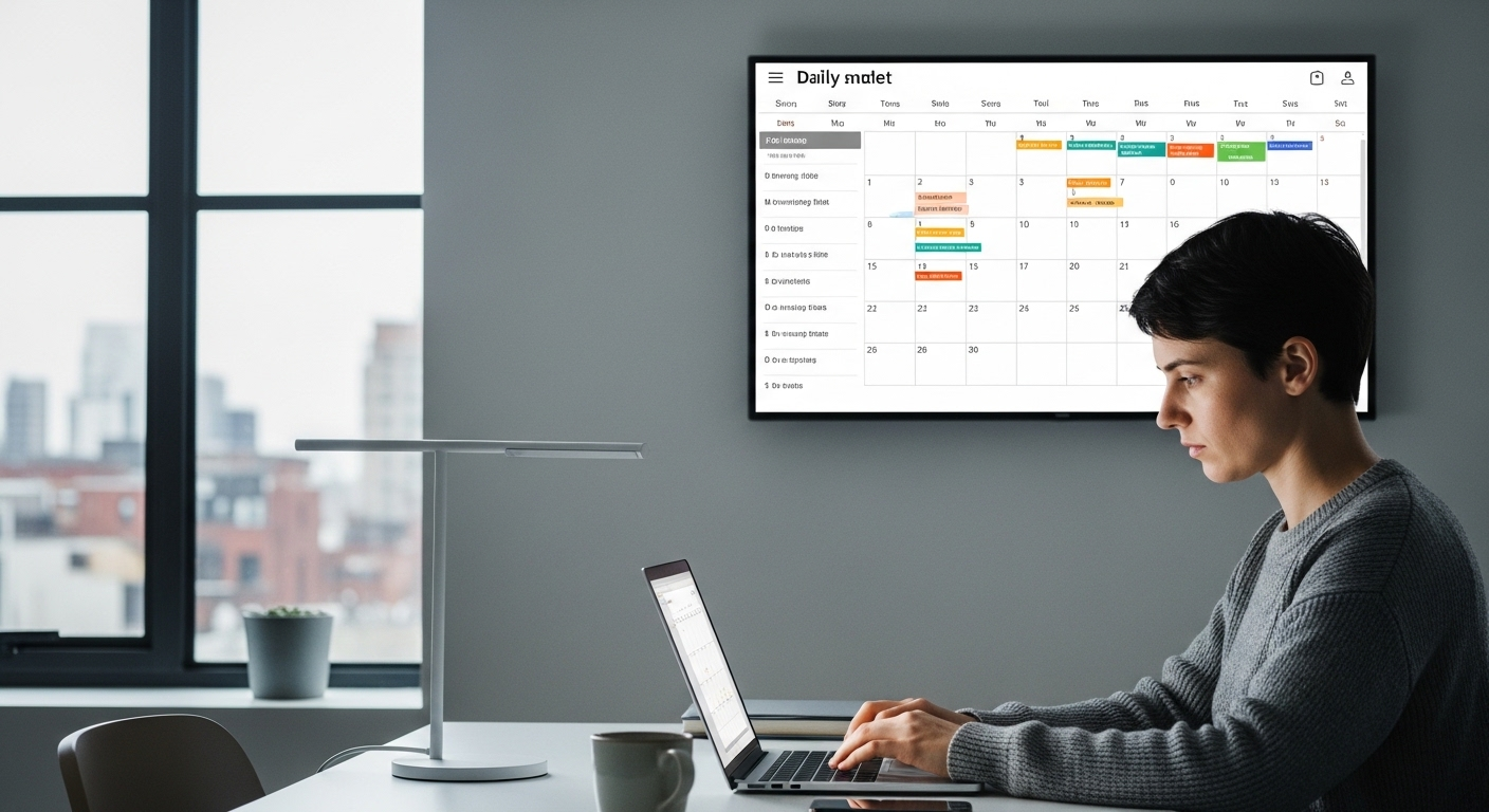 Người làm việc tập trung trên laptop trong không gian hiện đại, lịch kỹ thuật số hiển thị lịch trình rõ ràng. Hình ảnh nhấn mạnh các kỹ năng nhà tuyển dụng đánh giá cao như quản lý thời gian và năng suất cá nhân hiệu quả.