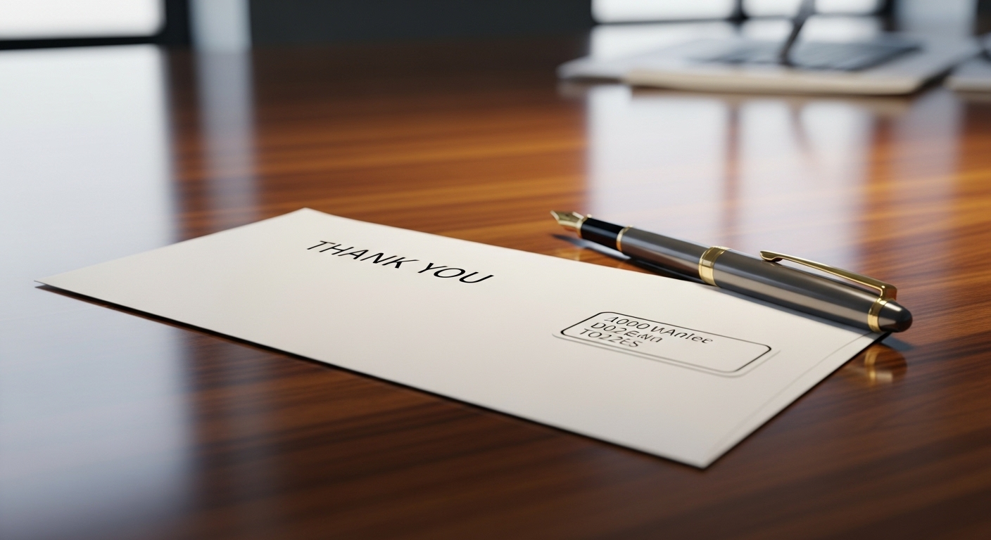 Phong bì thư cảm ơn chuyên nghiệp màu trắng trên bàn gỗ tối đánh bóng, cạnh bút máy, minh họa cho việc gửi thư cảm ơn sau phỏng vấn bằng tiếng Anh.