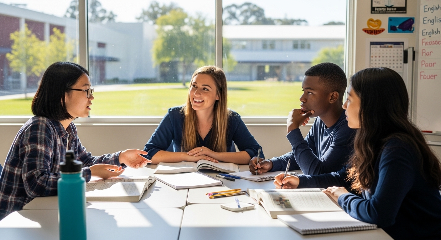 Trợ giảng tiếng Anh dẫn dắt học sinh cấp 3 thảo luận sôi nổi, minh họa kỹ năng giao tiếp quan trọng cho buổi phỏng vấn trợ giảng tiếng Anh.