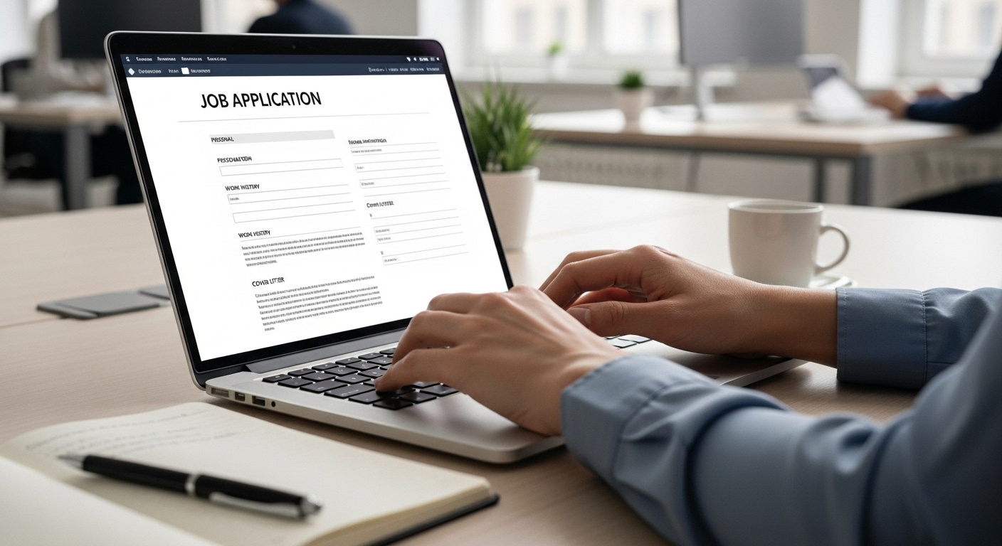Bàn tay đang gõ máy tính xách tay, màn hình hiển thị hồ sơ xin việc FPT trong môi trường văn phòng năng suất.