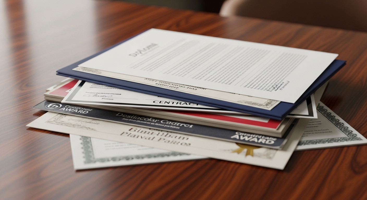 Chồng hồ sơ và tài liệu chuyên nghiệp được sắp xếp gọn gàng trên bàn gỗ, với một hồ sơ xin việc viết tay rõ ràng, minh họa cách viết hồ sơ xin việc bằng tay chuyên nghiệp.