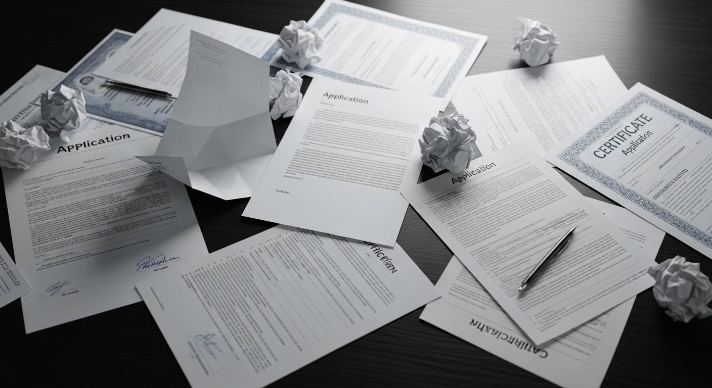 Một đống hồ sơ xin việc lộn xộn, rải rác trên bàn tối, minh họa tầm quan trọng của cách sắp xếp hồ sơ xin việc khoa học và chuyên nghiệp.