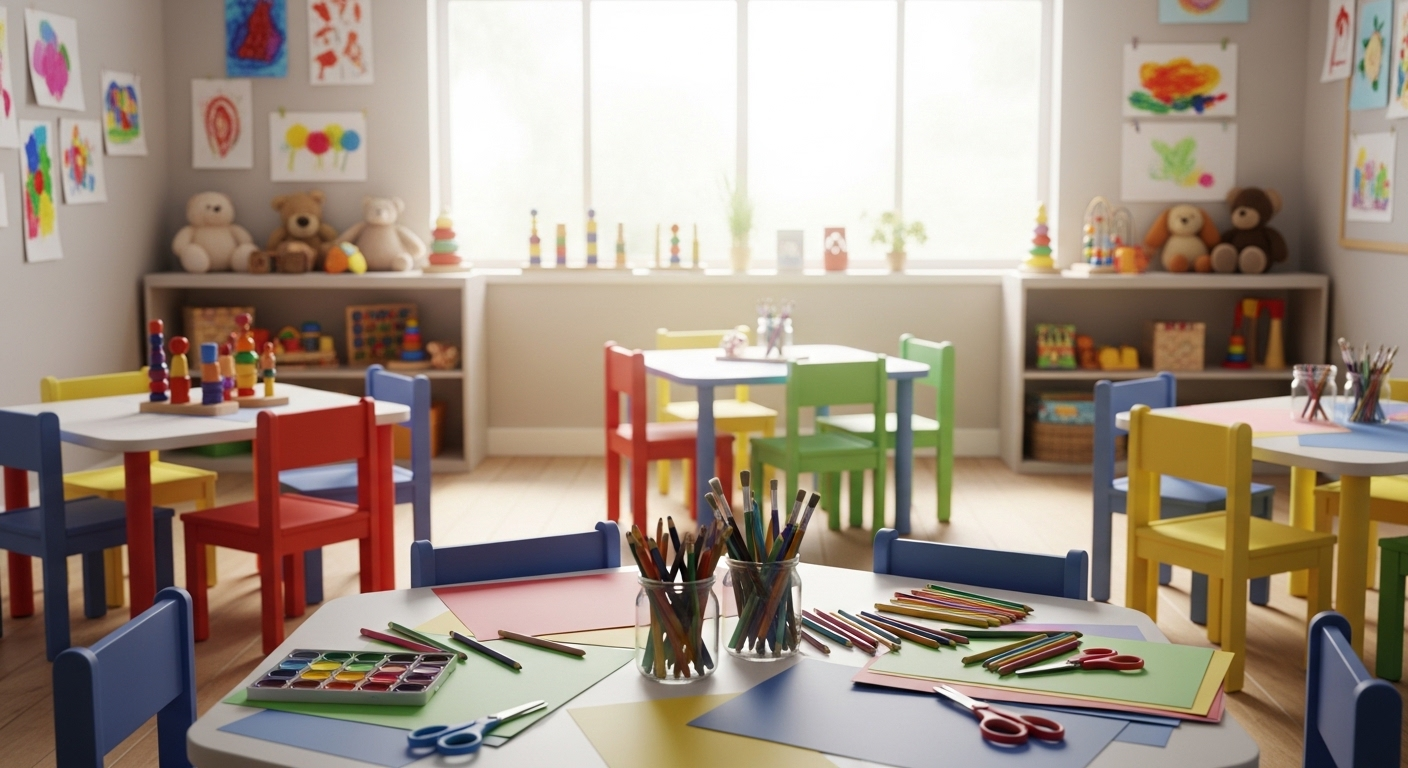 Lớp học mầm non sinh động, thân thiện với bàn ghế màu sắc, đồ chơi giáo dục và vật liệu nghệ thuật gọn gàng, thể hiện môi trường lý tưởng mà một hồ sơ xin việc giáo viên mầm non chuyên nghiệp luôn hướng tới.