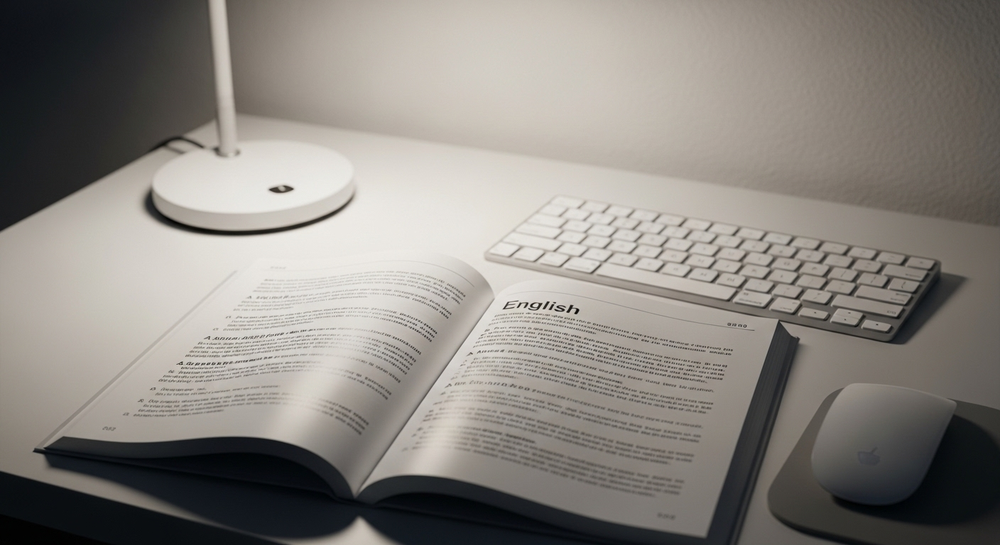 Bàn làm việc gọn gàng với sách giáo khoa tiếng Anh mở, bàn phím và chuột không dây, minh họa sự chuẩn bị cho hồ sơ xin việc giáo viên tiếng Anh.