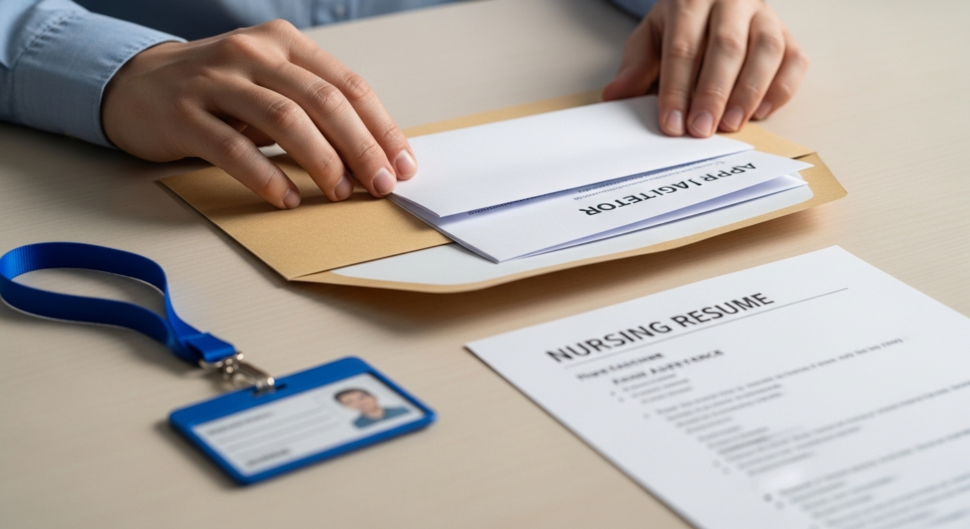 Tay đang đặt đơn xin việc vào phong bì, cùng hồ sơ xin việc điều dưỡng và thẻ ID chuyên nghiệp trên bàn làm việc sạch sẽ.