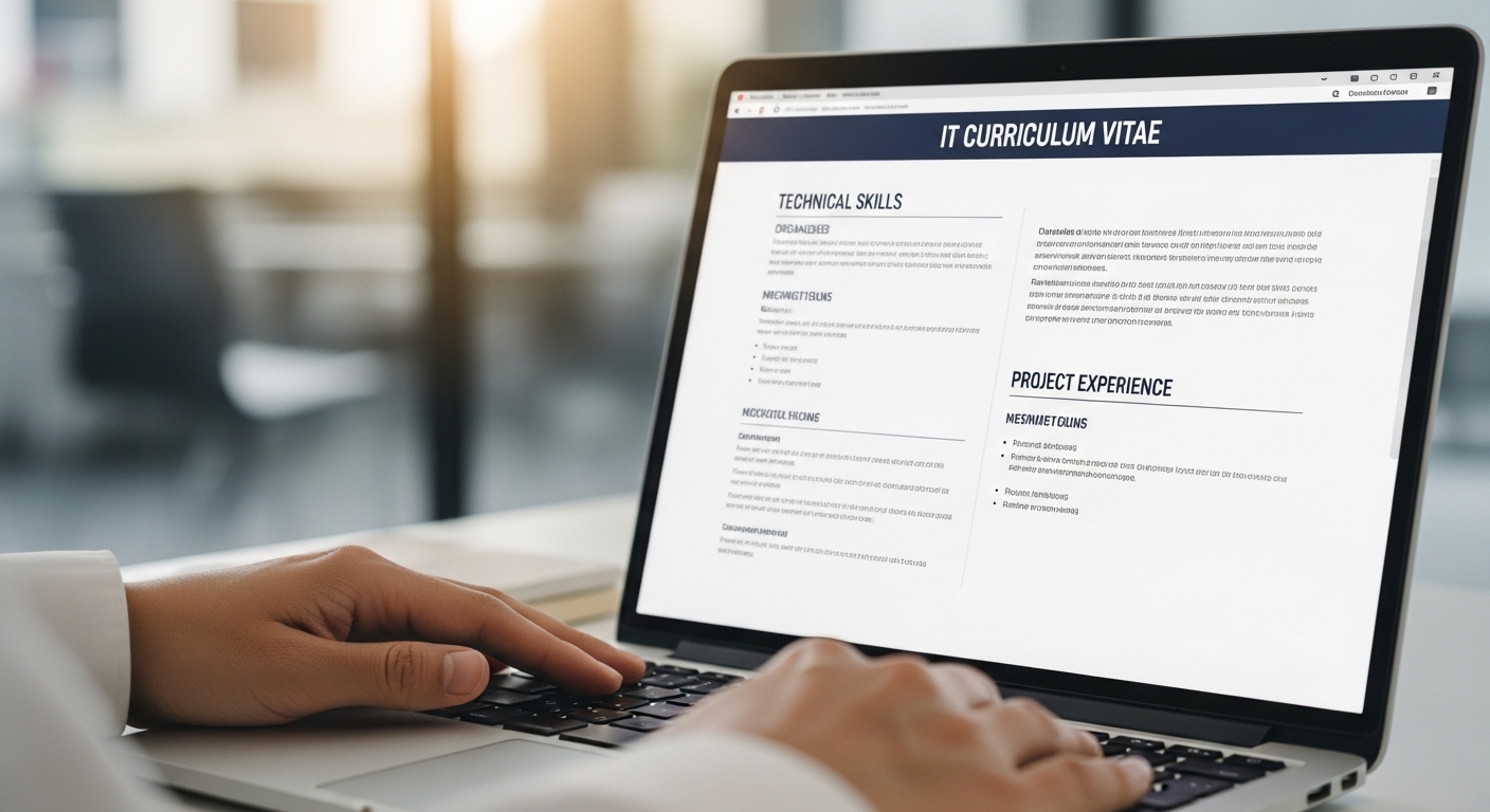 Màn hình laptop hiển thị mẫu CV IT chuyên nghiệp với các kỹ năng, kinh nghiệm dự án chi tiết. Đôi tay đang xem xét trong văn phòng hiện đại. Màn hình laptop hiển thị mẫu CV IT chuyên nghiệp với các kỹ năng, kinh nghiệm dự án chi tiết. Đôi tay đang xem xét trong văn phòng hiện đại.