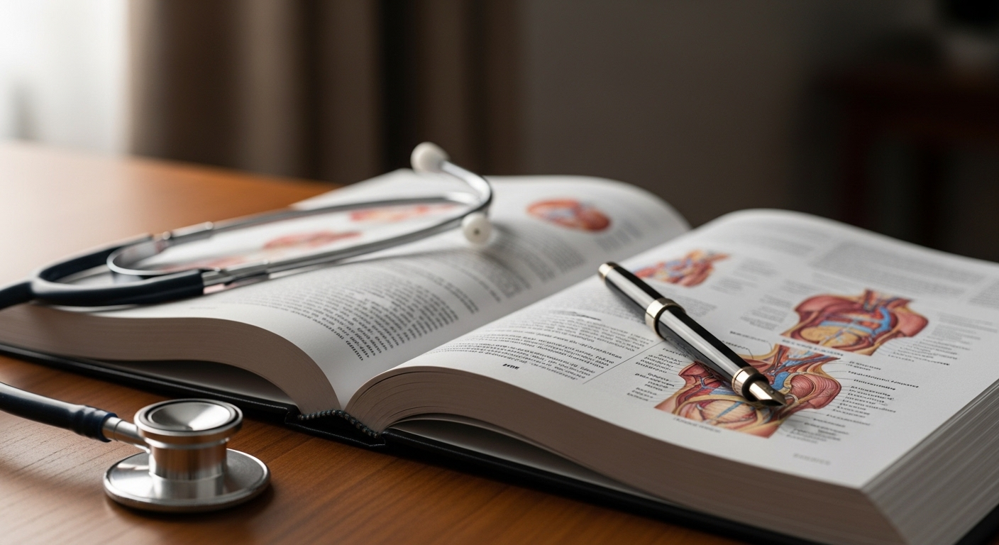 Sách y học, ống nghe và bút máy trên bàn gỗ, minh họa sự chuẩn bị kỹ lưỡng cho hồ sơ xin việc bác sĩ.