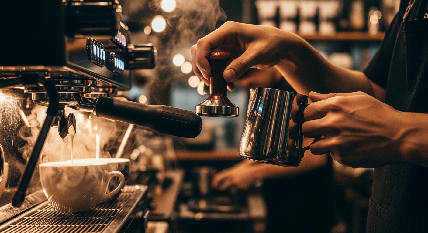 Đôi tay barista chuyên nghiệp đang vận hành máy espresso, pha chế cà phê nóng hổi trong quán. Hình ảnh minh họa kỹ năng thực tế cho hồ sơ xin việc quán cà phê.