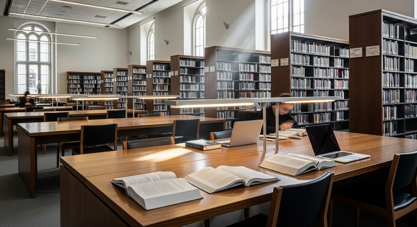 Thư viện đại học hiện đại, rộng rãi với kệ sách cao, bàn học và ánh sáng tự nhiên. Môi trường học tập chất lượng tại đại học top đầu Việt Nam. Thư viện đại học hiện đại, rộng rãi với kệ sách cao, bàn học và ánh sáng tự nhiên. Môi trường học tập chất lượng tại đại học top đầu Việt Nam.