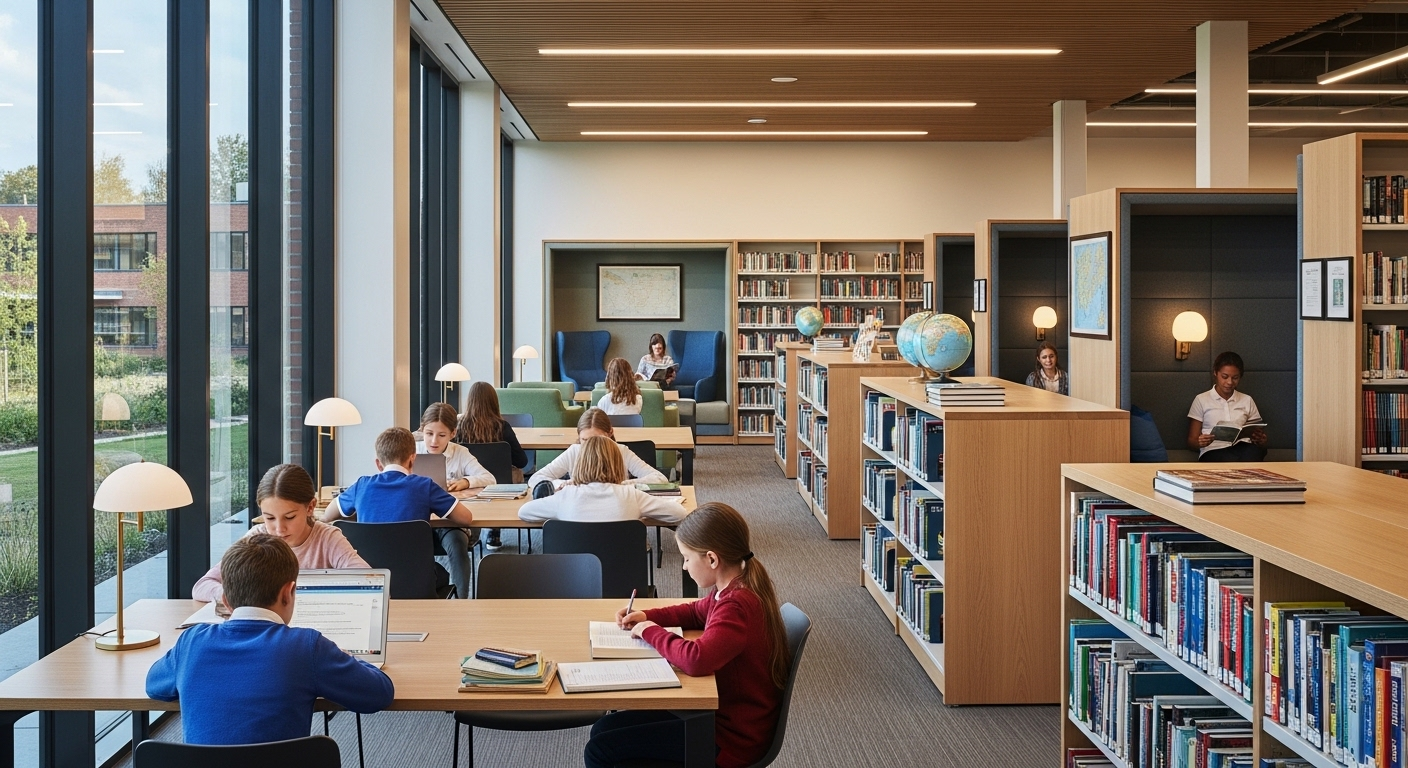 Thư viện hiện đại, rộng rãi của một trường quốc tế ở Hà Nội. Học sinh đang đọc sách, học nhóm tại các bàn và góc đọc thoải mái, với sách đa dạng trên kệ, tạo không khí học tập yên bình.