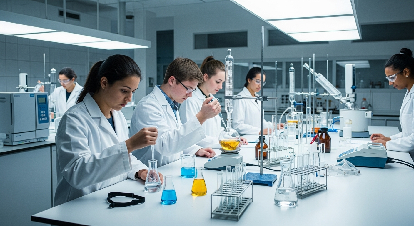 Sinh viên áo lab của các trường đại học top đầu miền Bắc đang tỉ mỉ thực hiện thí nghiệm hóa học trong phòng lab hiện đại với đầy đủ thiết bị khoa học.